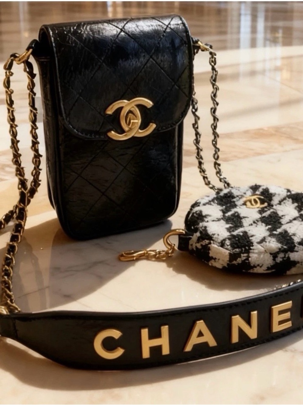 CHANEL Black Quilted Crossbody with Gold Hardware and Tweed Pouch